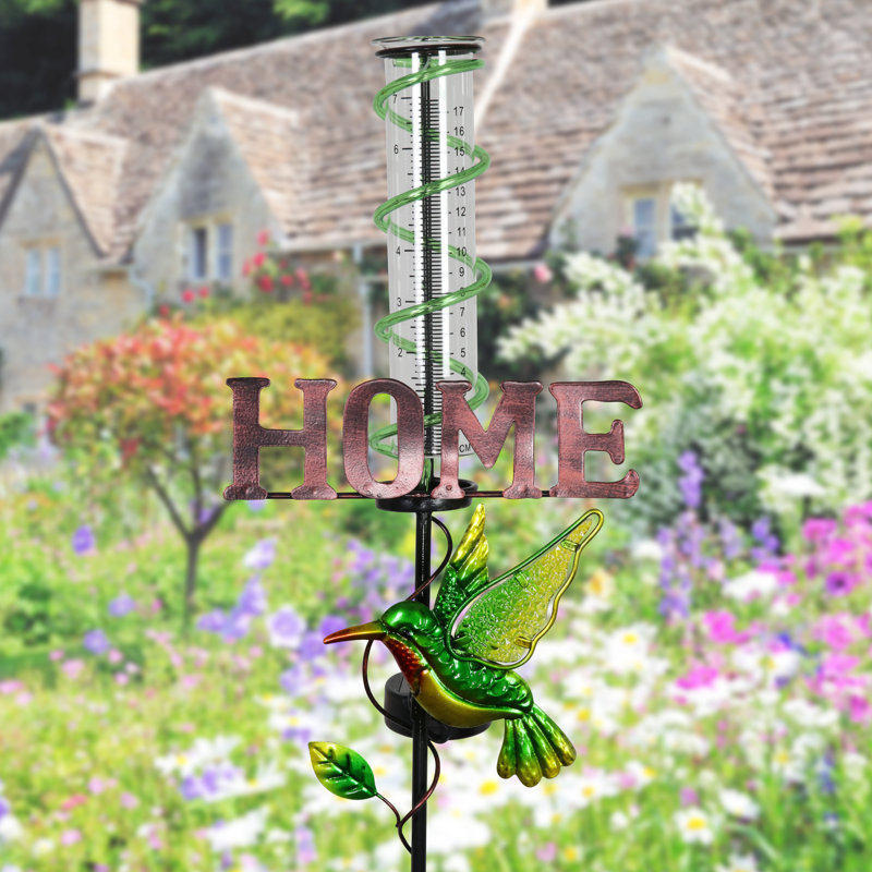 Green Metal Solar Hummingbird Rain Gauge Garden Stake