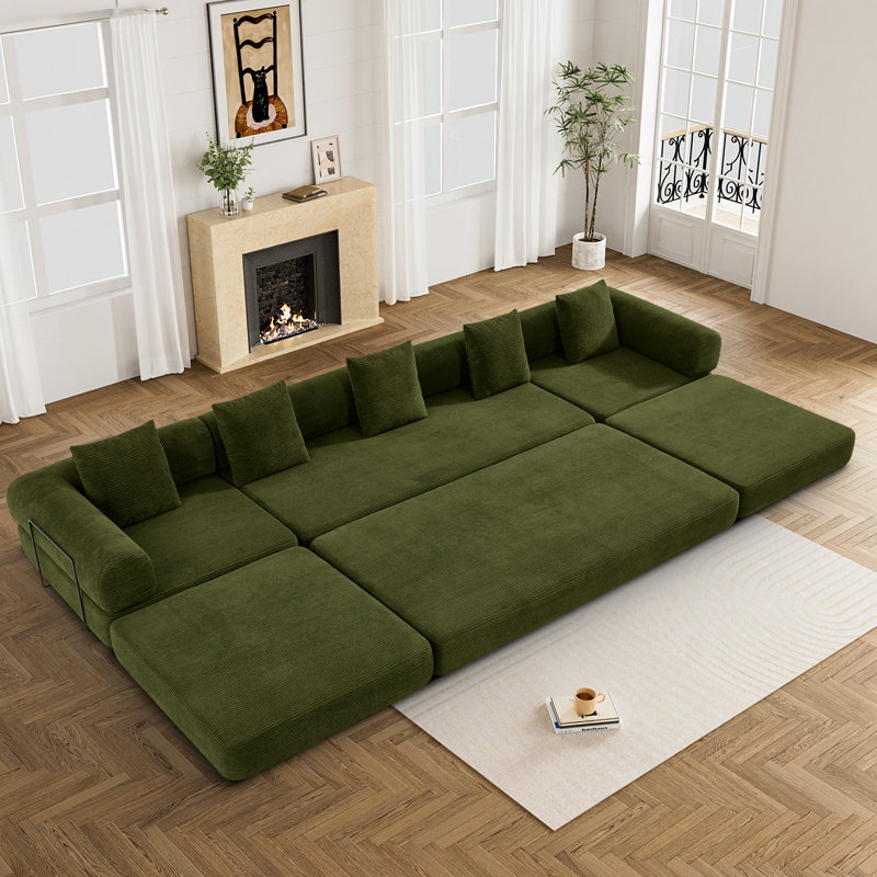 Convertible Boneless Sectional Sleeper Sofa Bed Modular Compression Couch With Removable Back And Arm, Green Corduroy