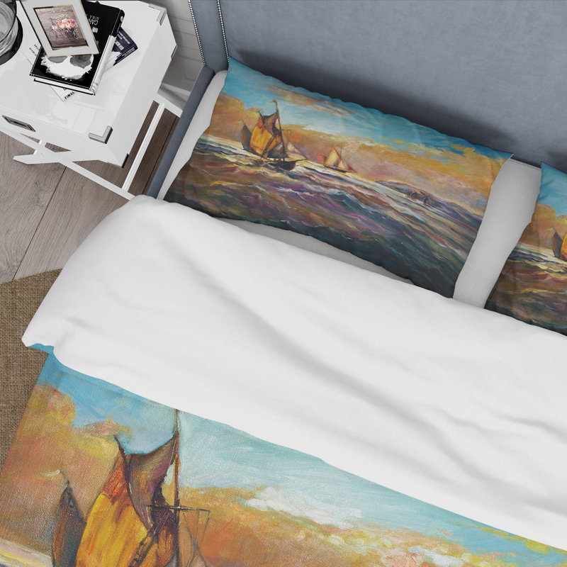 Bateaux sur l'océan pendant le coucher du soleil II - ensemble de housse de couette nautique - microfibre de polyester