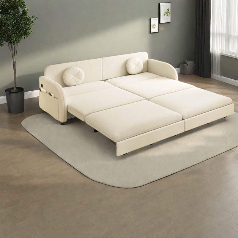 Canapé-lit convertible, revêtu de chenille, avec rangement et USB, beige