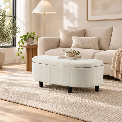 Repose-pieds semi-rond avec rangement, tissu chenille, plateau relevable, blanc crème