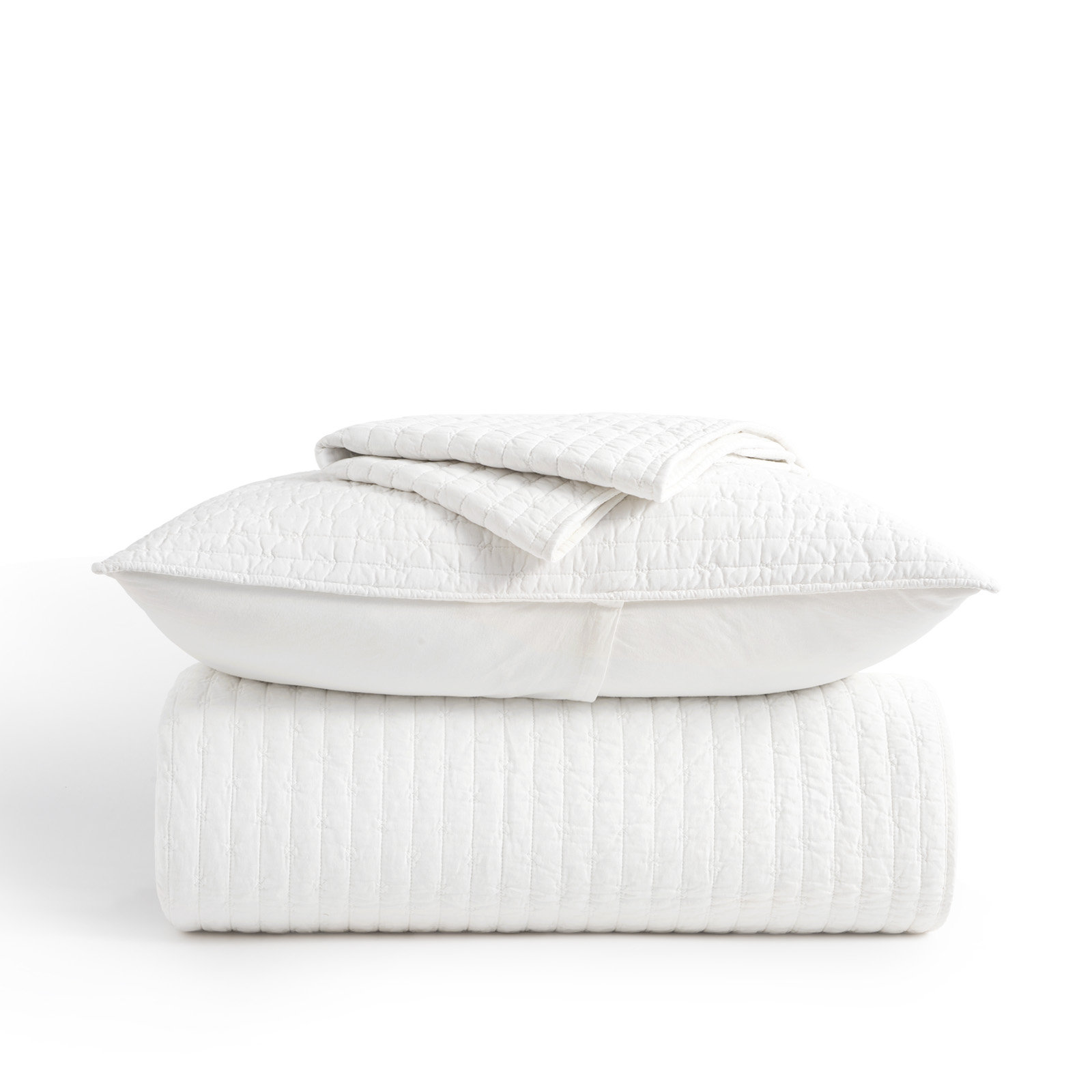 Cross Stitch Cotton Quilt set, Queen + 2 Shams, Bright White