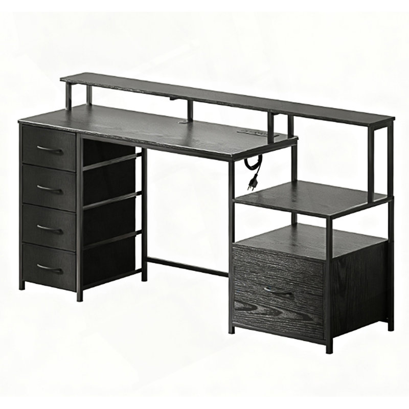 Table d'ordinateur avec classeur et tiroirs en tissu, Noir