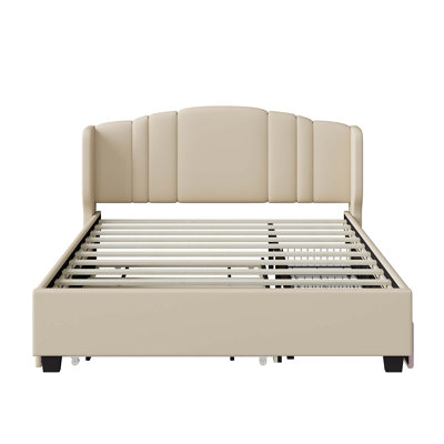 Lit plateforme tapissier avec tête de lit à oreilles, un lit gigogne simple et 2 tiroirs pour un sommeil confortable et un rangement efficace, aucun sommier nécessaire