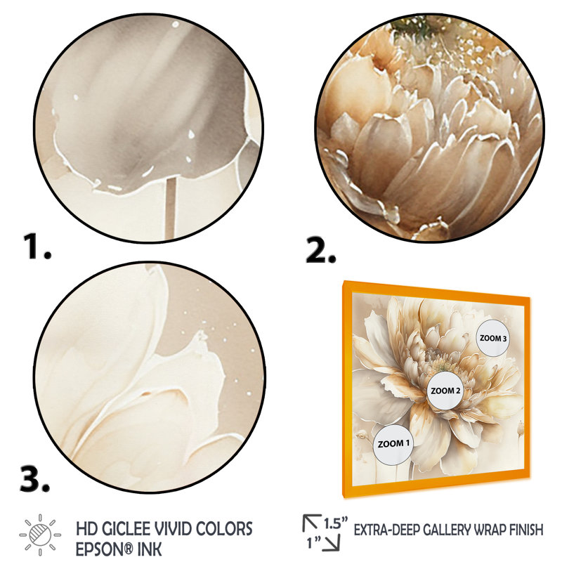 Simple fleur beige V - art mural sur toile floral et botanique, Cadre doré, H 24 po x l 24 po x P 1 po
