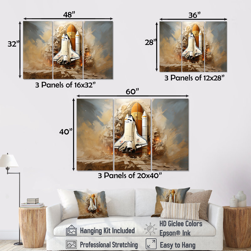 Abstract Space Shuttle Launch - Space Shuttle Canvas Wall Art Set, 28" H x 36" W x 1" D