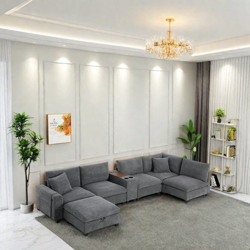 Canapé modulaire avec repose-pieds mobile, port de charge USB, poches de rangement amovibles, siège extra large de 30 po et console avec porte-gobelet - comprend 2 coussins