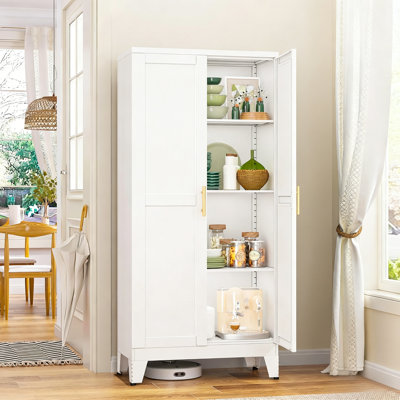 White Double-Door Metal Storage Cabinet With Three Adjustable Shelves; Freestanding Design Suitable For Dining Room, Living Room, And Bathroom.