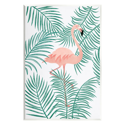 Flamant rose perché, feuilles de palmier tropicales, art mural sur toile par JJ Design House LLC