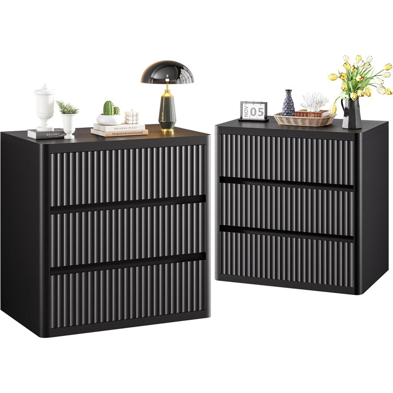 Modern Ginter Set of 2, 25" Wide Wood Bedside Table with 3 Drawers, Handleless Curved Black, Black, Set of 2