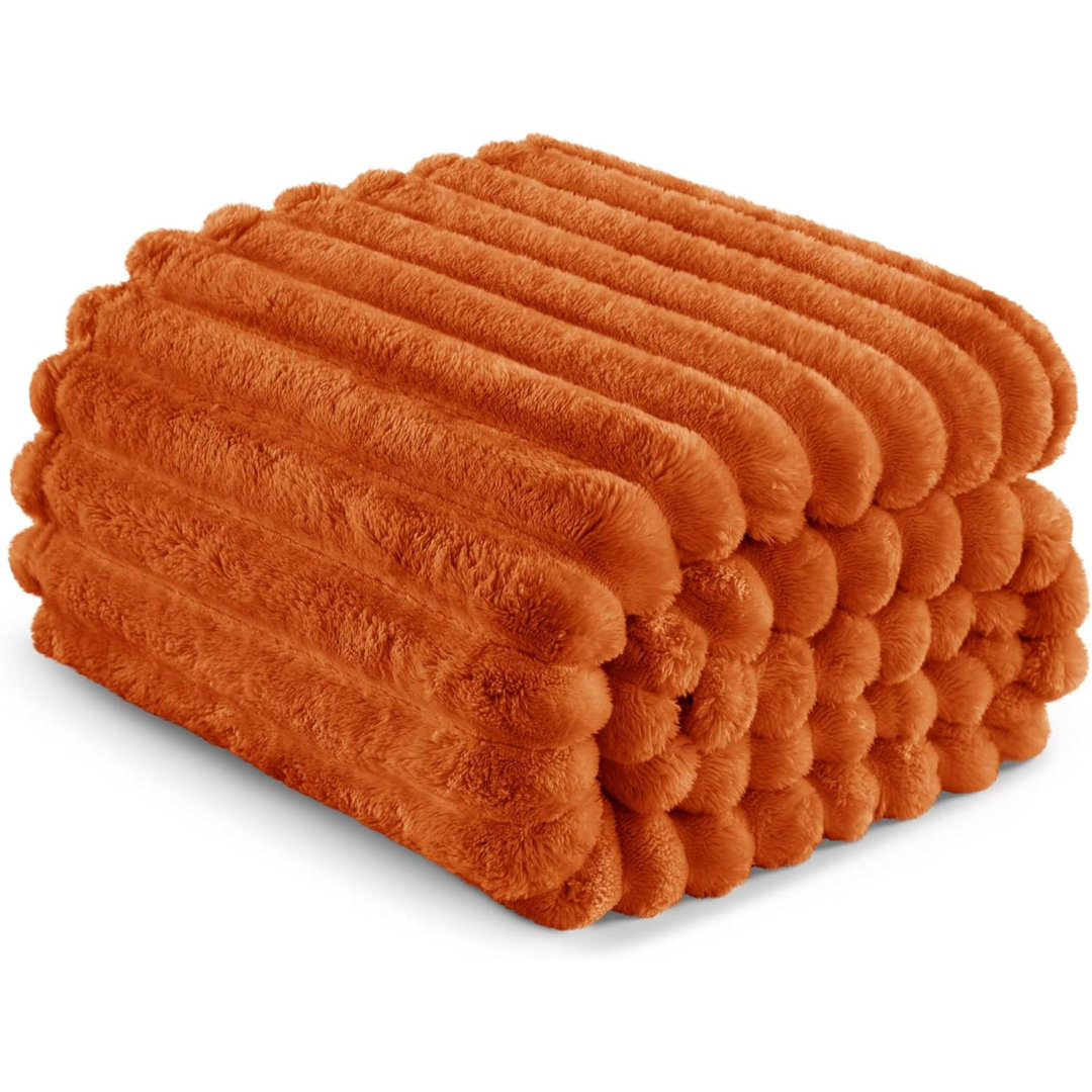 Fleece Throw Blanket For Sofa, Super Soft Striped Jacquard Bed Blanket, Lightweight Fuzzy Cozy For All Seasons, 127X152 CM, Burnt Orange