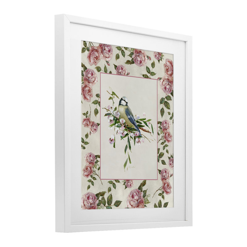 Reproduction sous verre encadrée de roses délicates et d'oiseaux perchés, conception de Sally Swatland, H 21 po x l 17 po