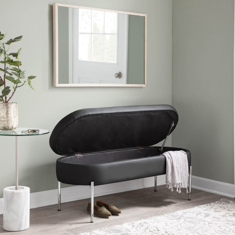 Banc contemporain en métal chromé et similicuir, Noir