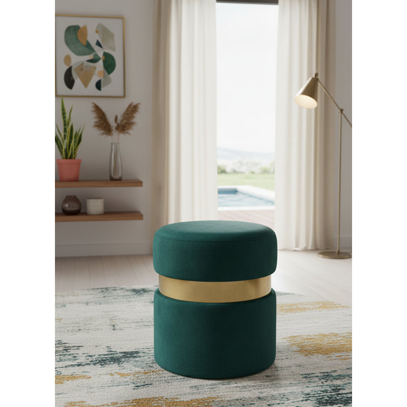 Hailey 14.5" Wide Velvet Round Cocktail Ottoman, Gold, Green Velvet