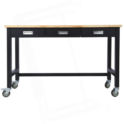 Banc de travail 60 po, banc de travail avec rangement de tiroir, table de travail en bois de bambou robuste avec roulettes pour le bureau à domicile