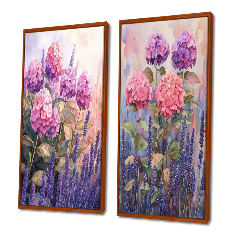 Hortensias dans un champ de lavande I - Collection de 2 panneaux de toiles florales, H 40 po x l 41 po, Cadre flottant brun