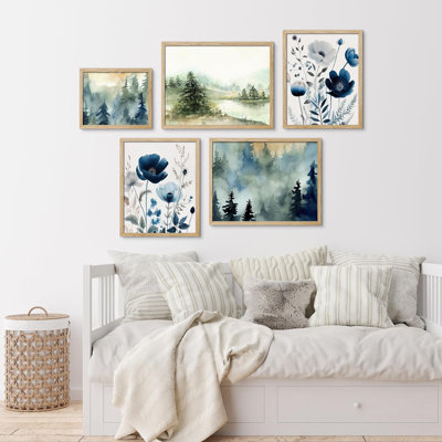 " Watercolor Pine Tree Forest Flower Nature Digital " 5 - Pieces