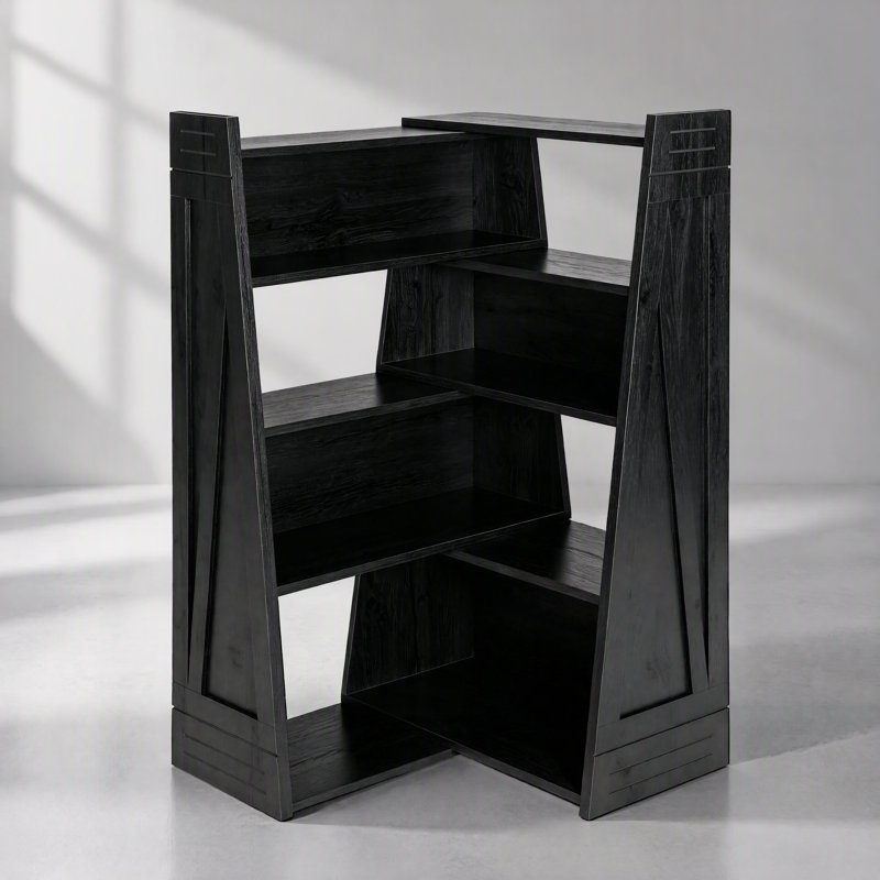 Bibliothèque en bois en forme de L à 4 niveaux, extensible jusqu'à 119 cm (47 pouces) pour les coins et les petits espaces, finition bois noir.