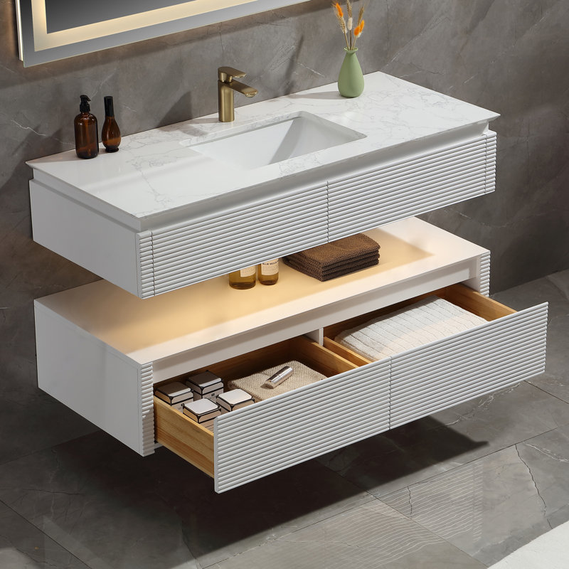 48" Floating Bathroom Vanity, Engineered Stone Top, 2 Soft-Close Drawers, Night Light, White Finish, White