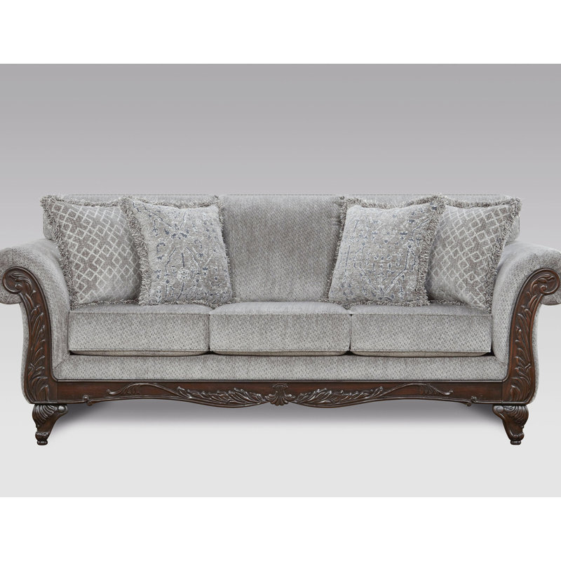En bois franc robuste et gris avec base en bois et tissu d'ameublement en chenille