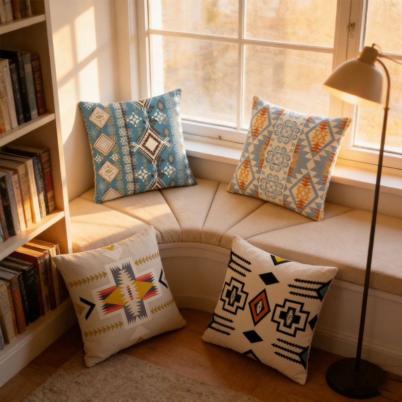 Ensemble de 4 coussins décoratifs de style marocain pour canapé, canapé-lit, lit - Housse de coussin en polyester 18 * 18 pouces avec motif moderne (bourre non incluse)