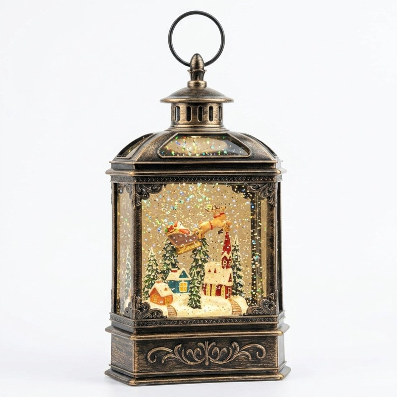 Musical Christmas Snow Globe Lantern with Swirling Glitter & Santa Sleigh