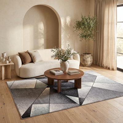 Rug Branch Nour 4' x 6' (3'9" x 5'6") Grey/Blue Geometric Indoor Area Rug, Contemporary, Medium Pile, Stain-Resistant Carpet - Living Room, Bedroom, Dining Room, and Kitchen