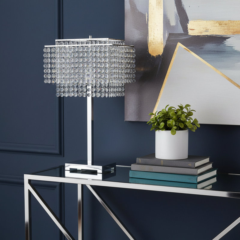 Lampe de table rectangulaire en faux cristal Bling Glam, Argent / bleu