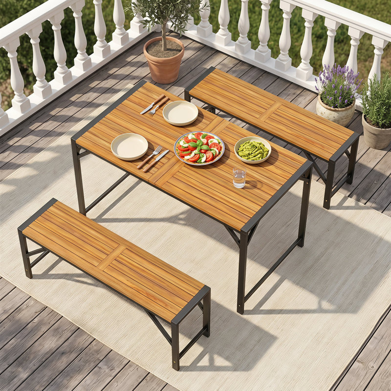 Ensemble de salle à manger 3 pièces en bois d'acacia avec trou pour parasol et 2 bancs sans dossier