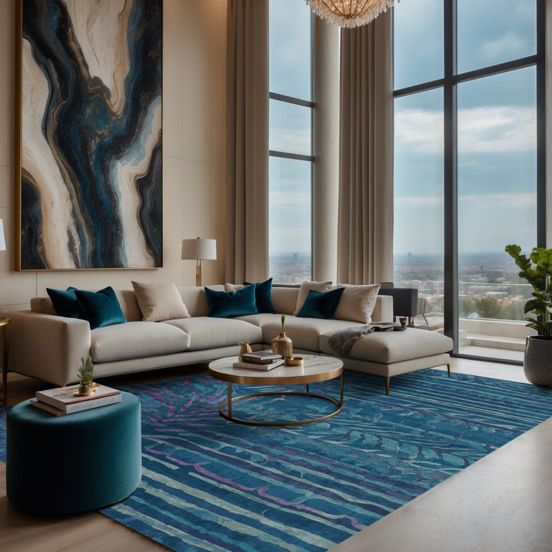 Machine Washable Blue Area Rug, Rectangle 5' x 7'
