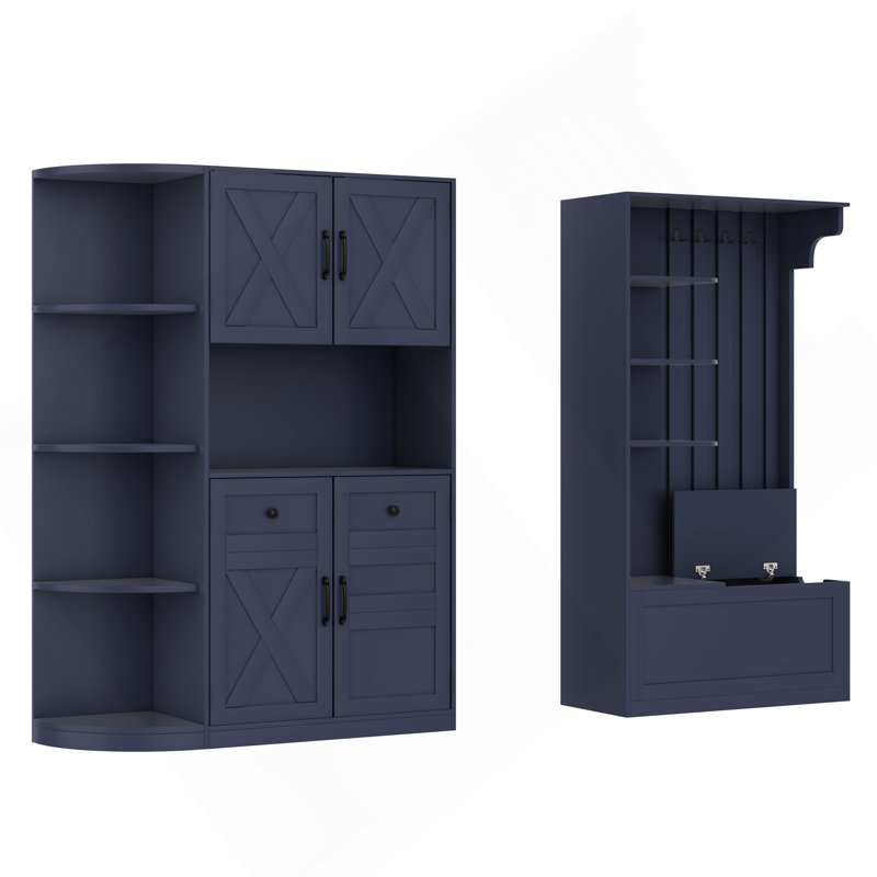 Armoire de vestibule multifonctionnelle gauche-droite (peut être utilisée séparément) avec rangement et 4 crochets, armoire de rangement / arbre d'entrée 2 en 1 pour le salon, la cuisine et le couloir, bleu antique