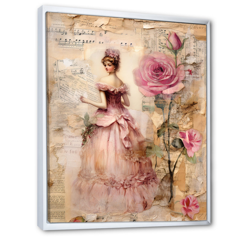 «Victorian Lady Pink Roses Rustic Vintage I - Rose», art mural encadré, 32" H x 16" W, Cadre flottant blanc