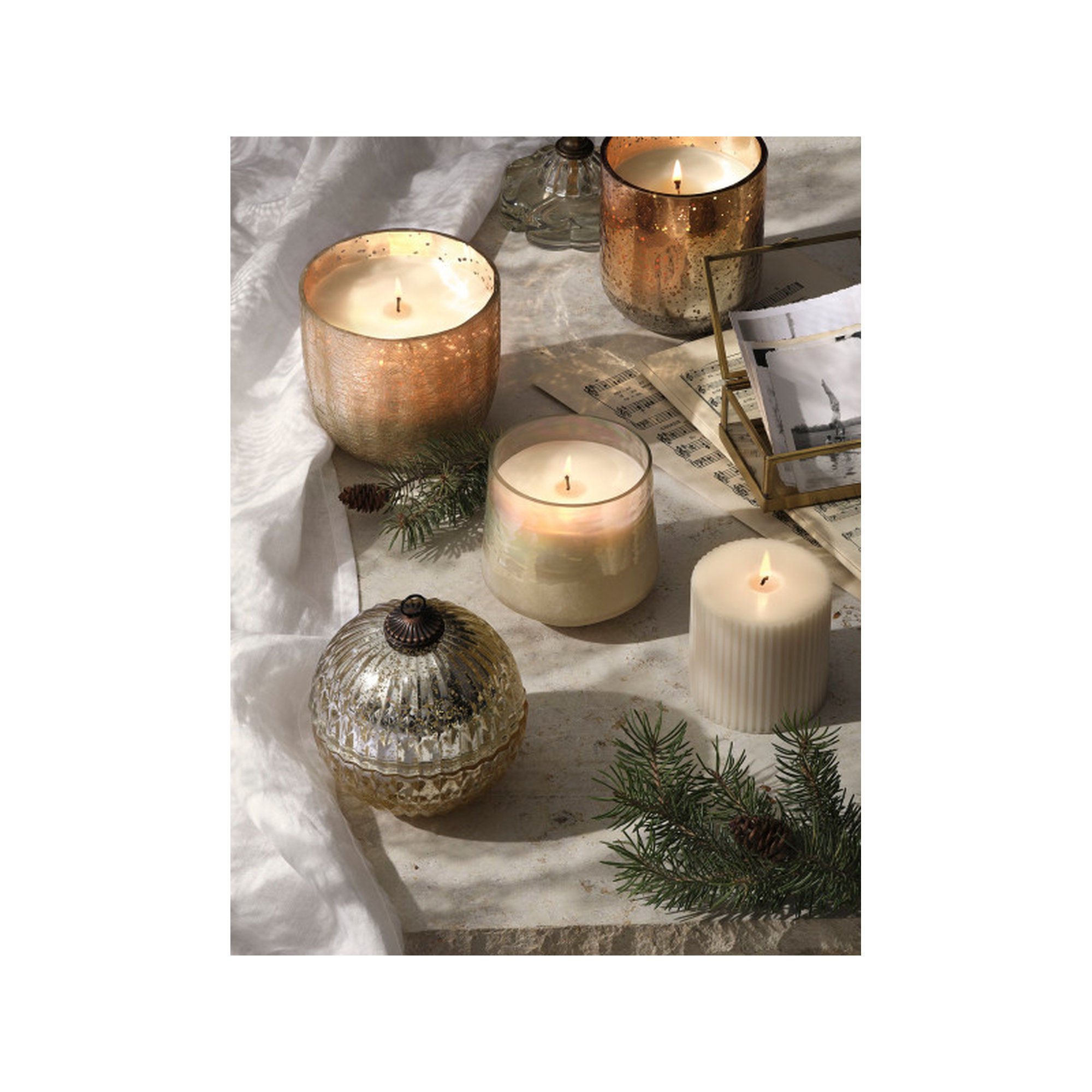 Noble Holiday Winter White Candle, Glass Ornament