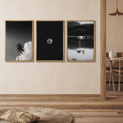 Black and White Minimal Palm Tree Moon Flamingo Set Modern Photography Wall Decor for Bedroom Living Room Framed Canvas Master Bedroom Wall Art Work 3 Pieces Print