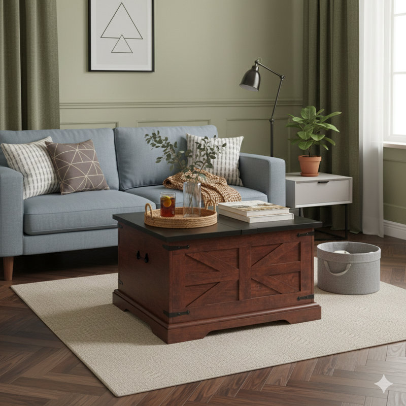 Table centrale carrée de style champêtre en bois, avec un espace de rangement dissimulé spacieux, conçu pour les espaces de vie. Embrasse l'esthétique rustique d'une grange avec un plateau de table à charnières. Dimensions: L 31,5 po x l 31,5 po x H 18 po au fini chêne.