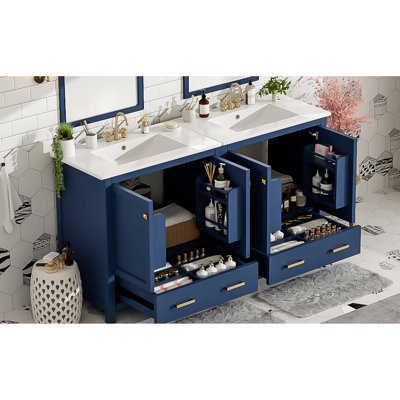 Meuble-lavabo bleu 60 po, avec deux lavabos en céramique et structure stable - Armoire bleue, intérieur fonctionnel optimiser votre espace
