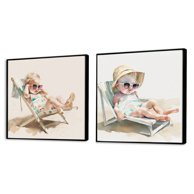 Child On The Beach - Ensemble de 2 collages carrés de plage, Cadre flottant noir, H 16 po x l 33 po