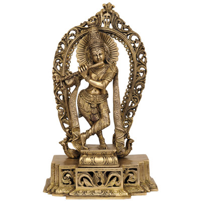 16 Inch Handcrafted Lord Krishna Brass Statue - Premium Hindu Deity Figurine for Home Temple, Living Room & Spiritual Home Decor
