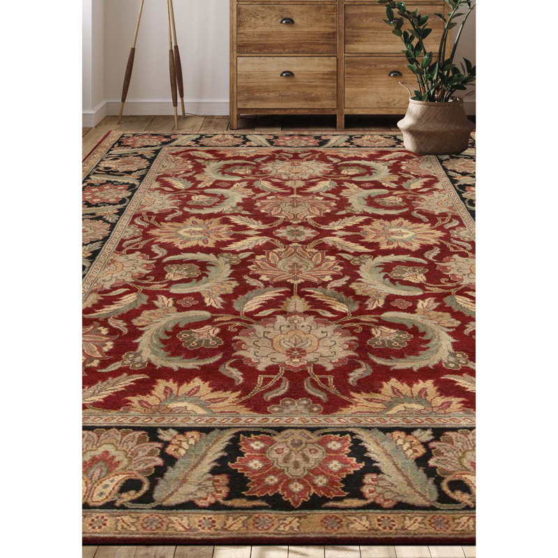 Tapis rouge et noir noué à la main de haute qualité