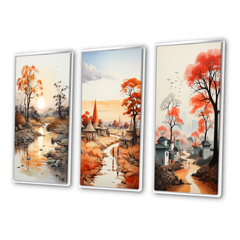 «Orange Gray African Valley», 3 pièces sur toile, Cadre flottant blanc, H 20 po x l 36 po