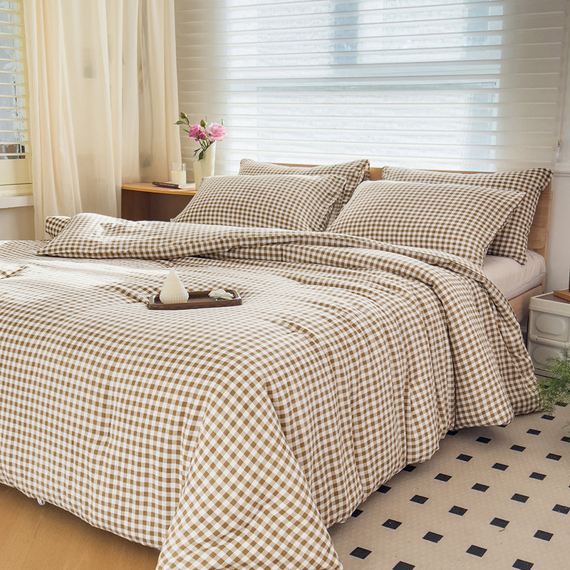 Gingham Comforter Set, Pre-Washed Microfiber Ultra-Soft Plaid  Grid Comforter Set, Tan Plaid Gingham