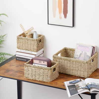 Wicker Basket, Set Of 3 Hand-Woven Storage Baskets For Organizing, Seagrass Wicker Storage Basket Bins With Handles, Small Toilet Paper Storage Baskets For Shelves Pantry Baskets (Seagrass)