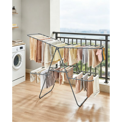2-Tier Free Standing Laundry Drying Rack, Foldable Metal Airer With 33 Drying Rails, Adjustable Wings And Sock Clips, Gray
