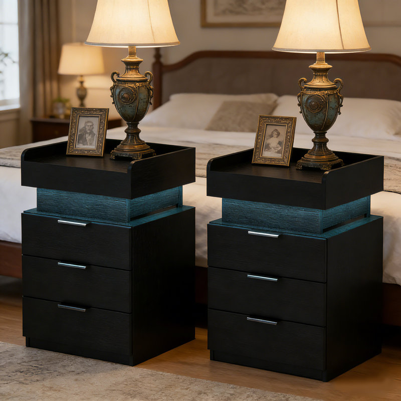 17.7"W Storage Nightstand With LED Lights, Black