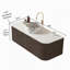 Meuble-lavabo de salle de bain mural à bords arrondis avec 2 tiroirs, lavabo à fixation murale à bords arrondis à 2 tiroirs Dina, lavabo rond en céramique blanc avec motif de pierre, pré-assemblé, couleur grain de bois noyer foncé