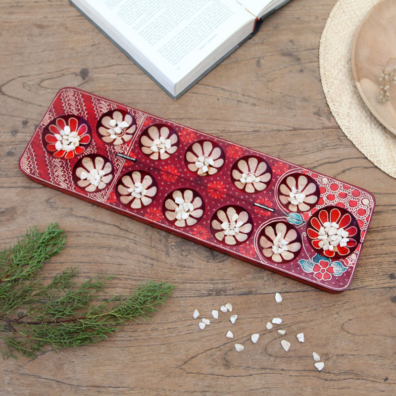 Felicidade, fleurs, batik, bois, jeu Mancala