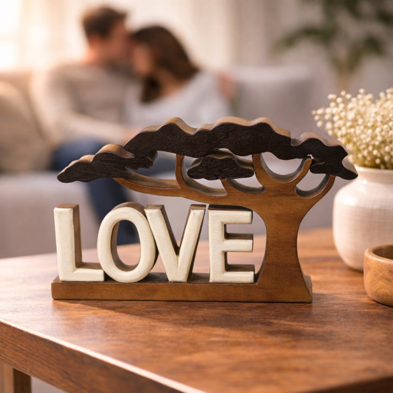 Elfgund Handmade LOVE Word Under Tree Wooden Sculpture Symbol of Harmony Valentines Day Decor for Home
