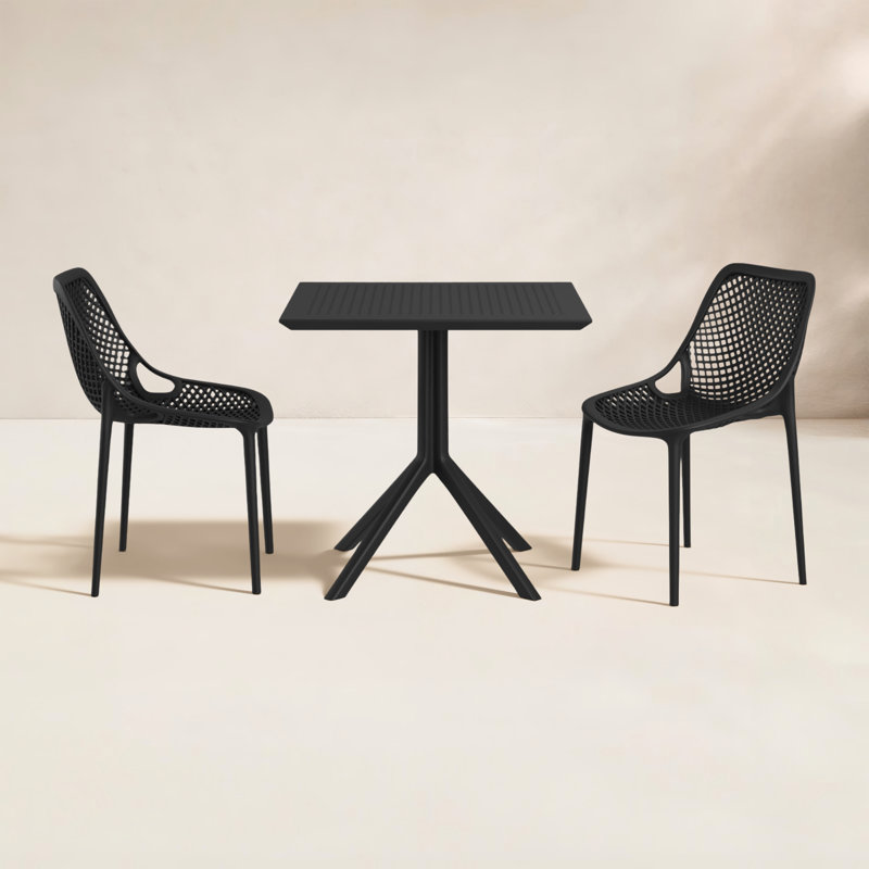 Farrah 2-Person Square Plastic Patio Dining Set with Stackable Chairs, Black