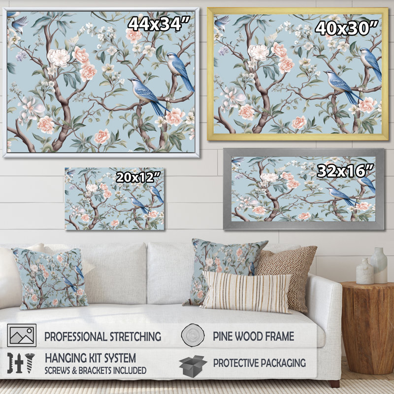 Chinoiserie, oiseaux et pivoines - art mural oiseau, Cadre doré simple, H 34 po x l 44 po x P 1,5 po