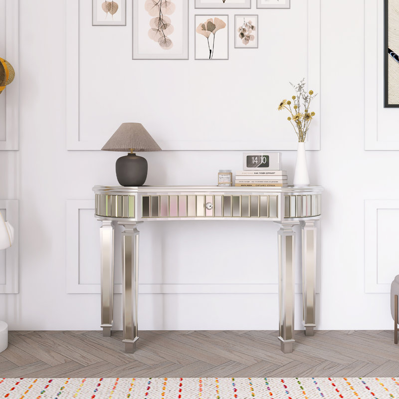 Half-Moon Mirrored Console Table With Fluted Glass & Crystal Knob Drawer, Silver